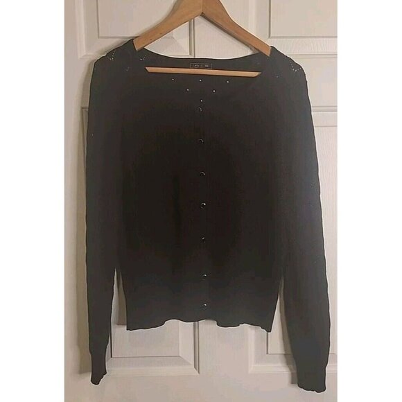 Lety And Me Womens Large Black Cardigan Black Button EUC Rayon Diamond Pattern - Picture 1 of 9